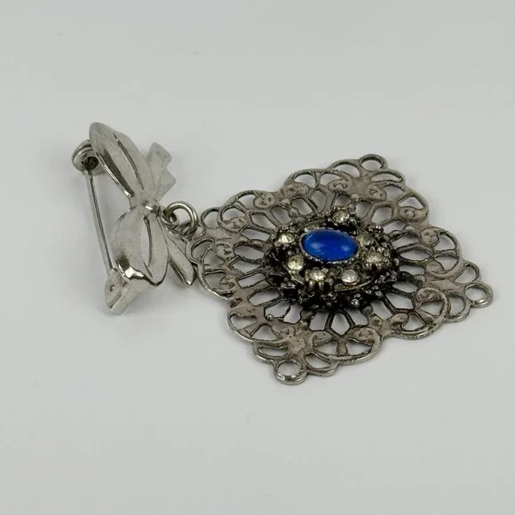 Vintage Silver Tone Bow Dangle Brooch Filigree Blue Cabochon Rhinestones - Picture 3 of 4